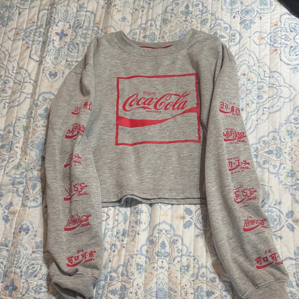 Coca Cola Gray and Red Women's Crew Neck Sweater Crop Large